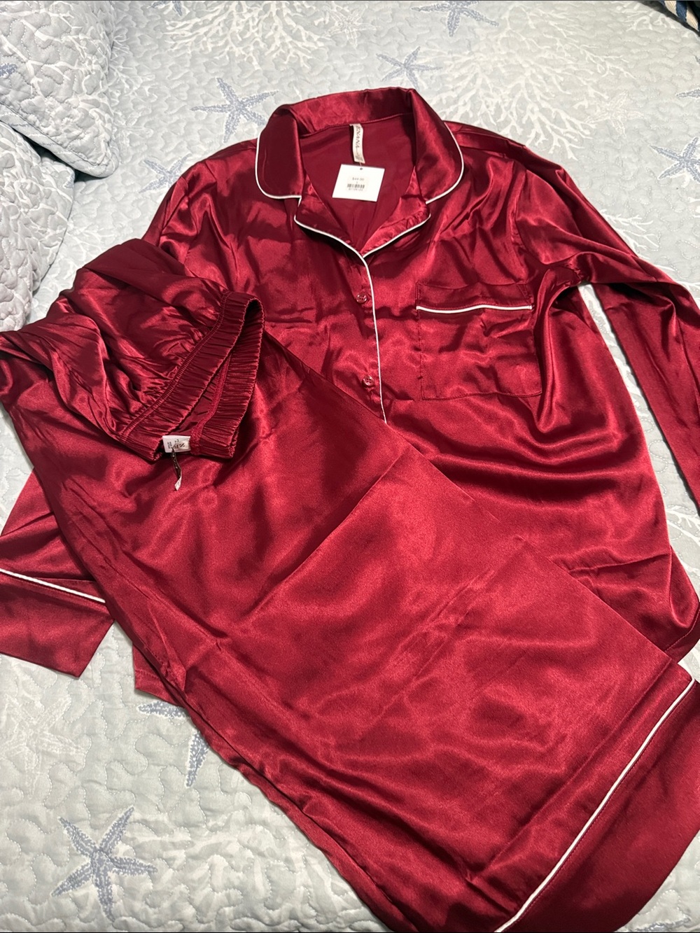 Zenana Outfitters Satin Pajama Set in Deep Red with White Piping